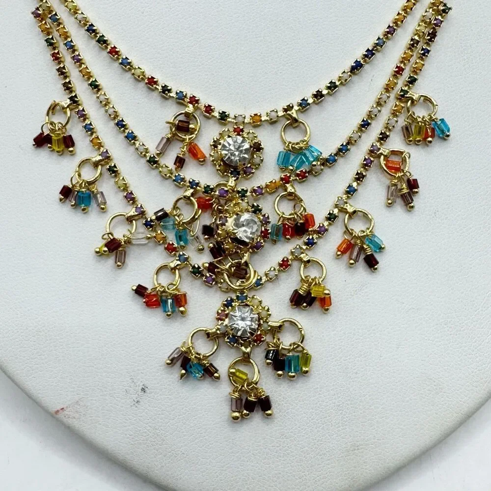 Colorful Bead And Rhinestone Gold Plated Bollywood Indian Necklace And Earrings